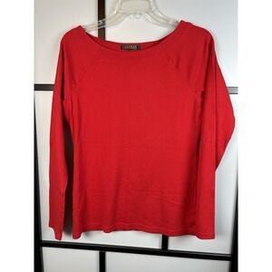RALPH LAUREN Red Stretch Cotton Knit Raglan Sleeve Boat Neck Logo Top Size Small